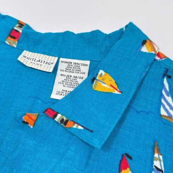 White Stag Shirt Plus Size 18W / 20W Blue Button Front Linen Sailboat Beach - Picture 5 of 9